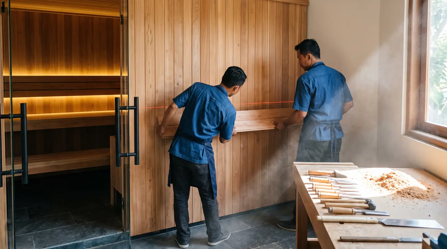 Tukang kayu mengukur papan cedar di bengkel sauna Malang