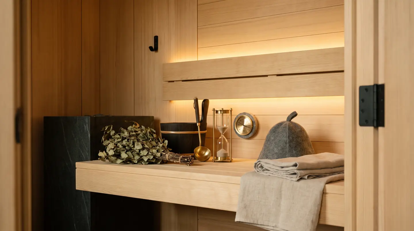 Aksesori sauna: veniki, ember kayu, gayung kuningan, jam pasir dan termometer
