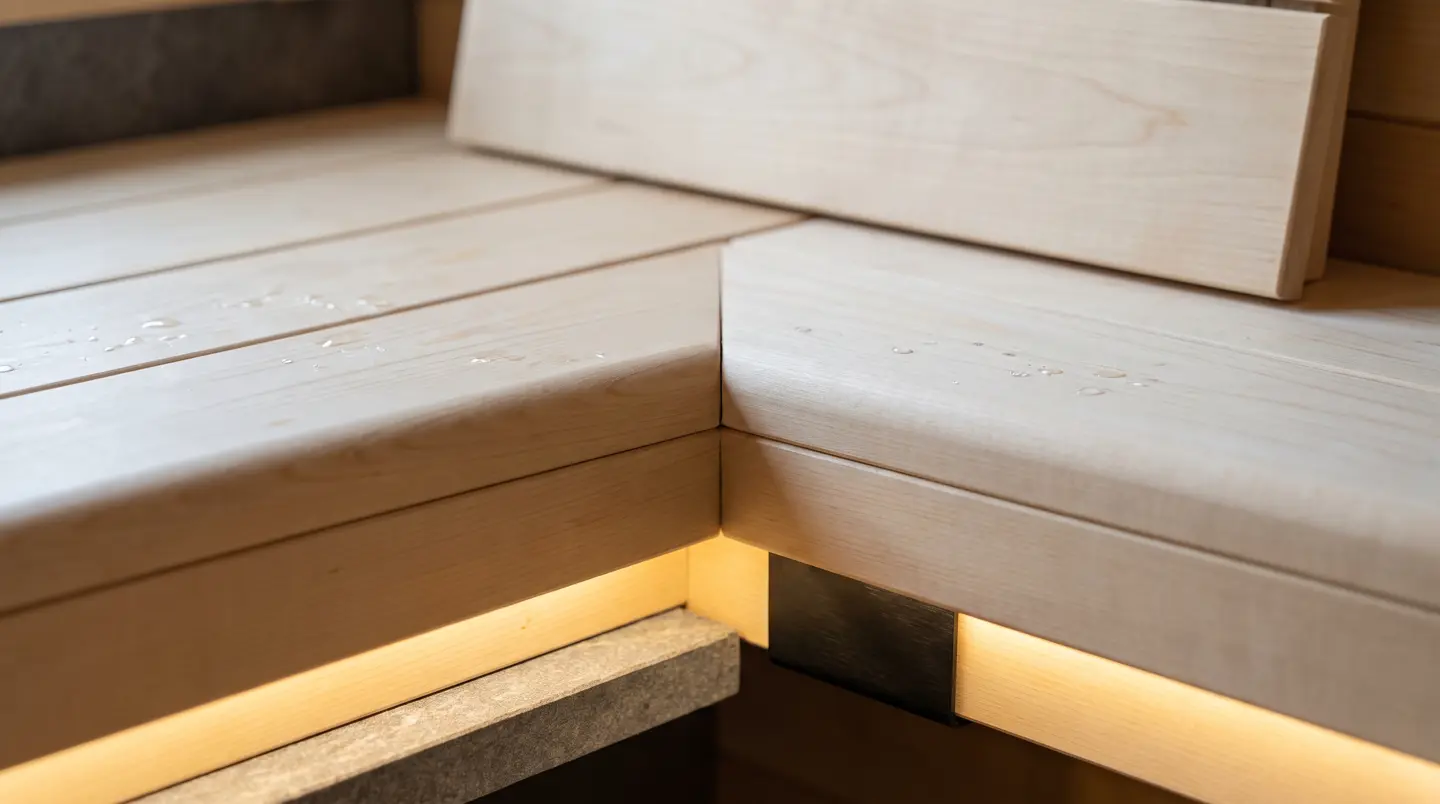 Detail sambungan presisi bangku sauna kayu cedar dengan LED hangat tersembunyi