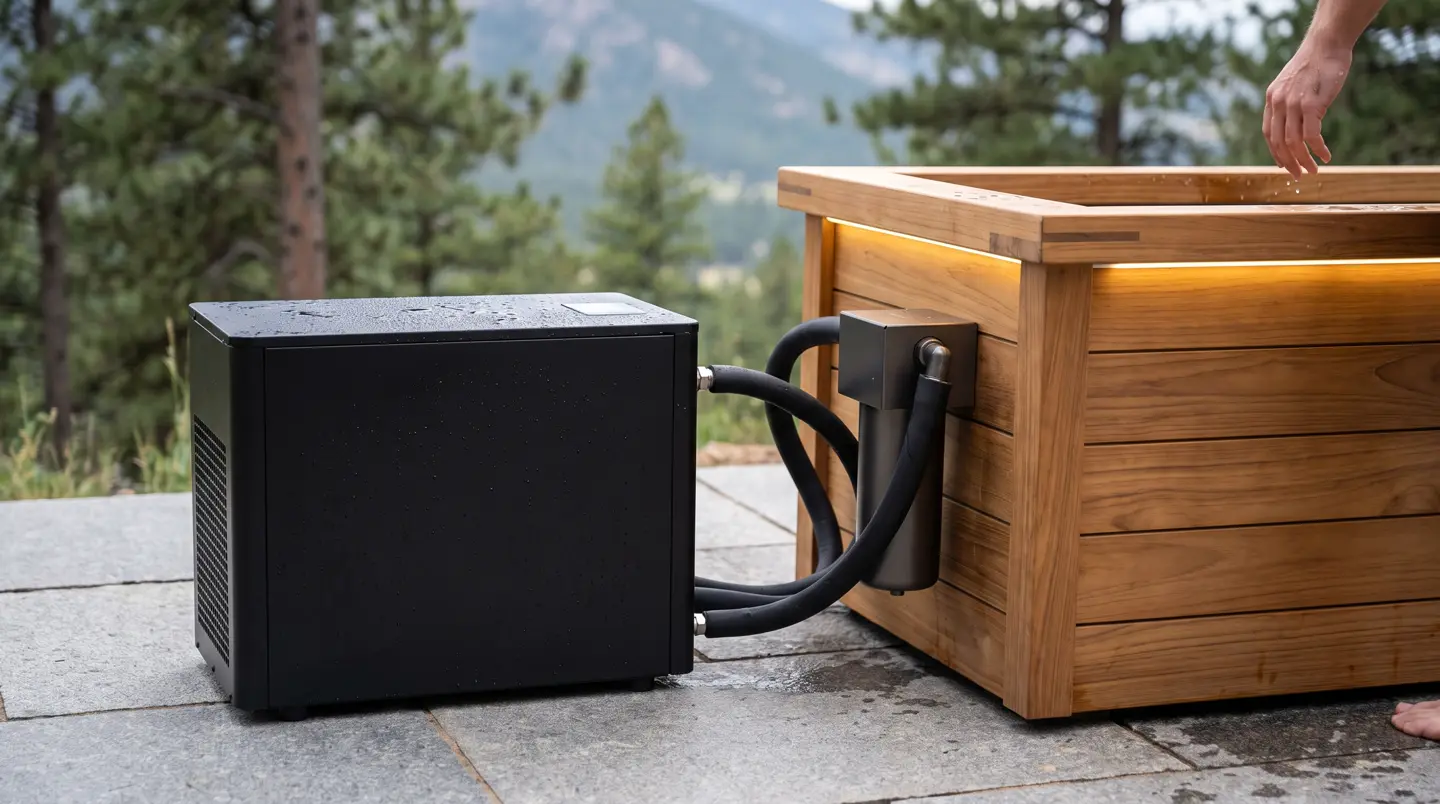 Detail chiller hitam modern dan selang terisolasi di samping ice bath kayu jati