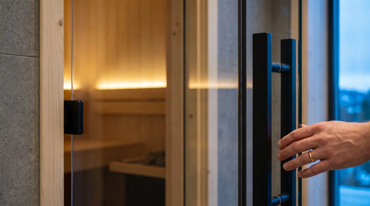 Detail pintu kaca tempered sauna dengan handle hitam matte dan seal magnetik