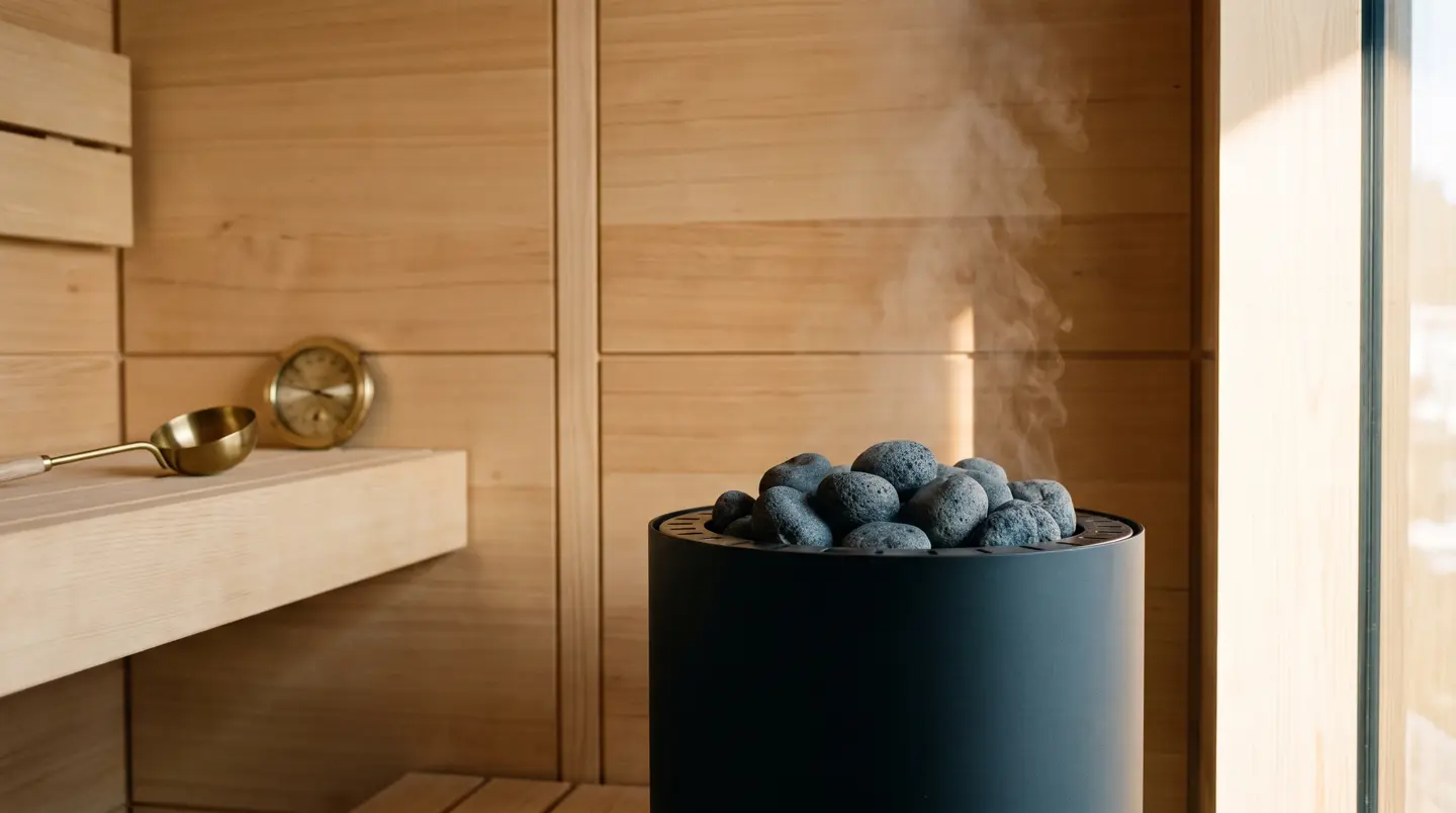 Detail heater sauna hitam berisi batu vulkanik dengan gayung kuningan dan termometer