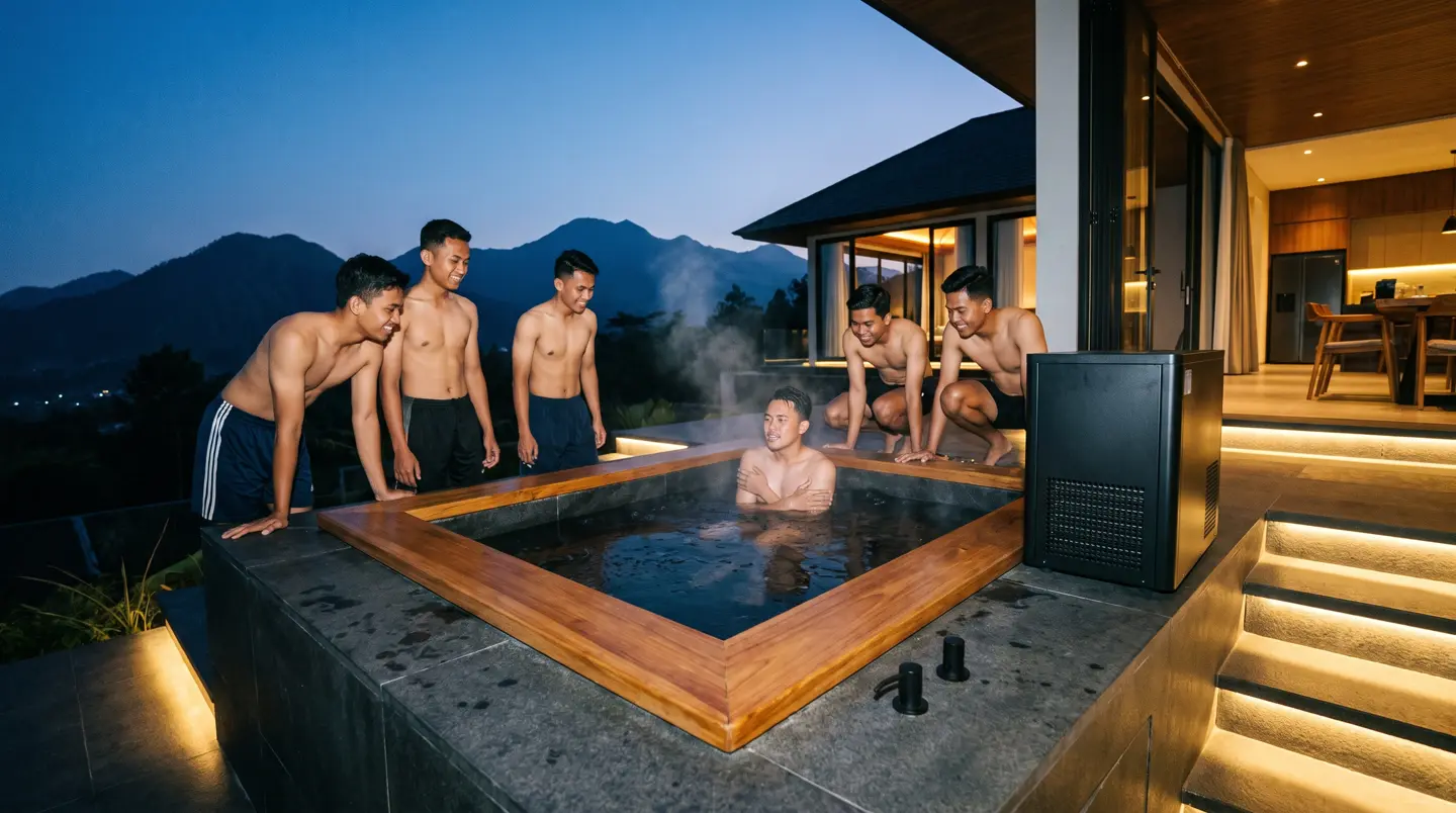 Ice bath kayu dengan chiller di vila kebun apel Batu