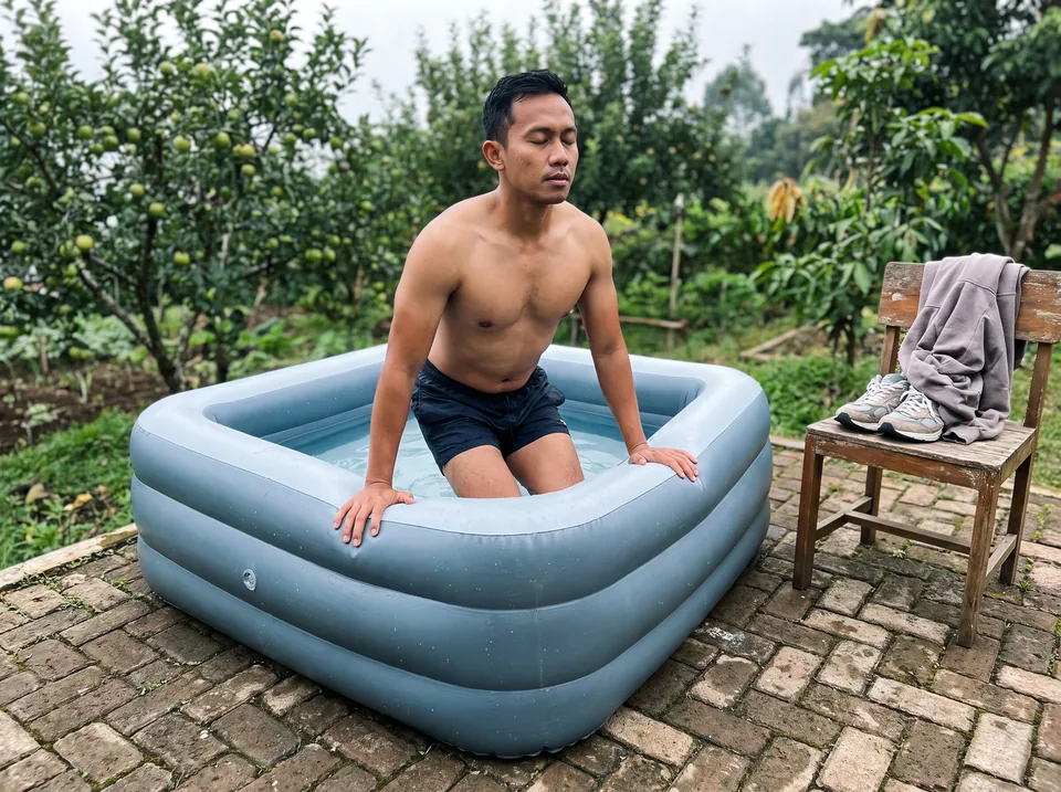 Pria masuk ke ice bath tiup persegi di patio bata Batu Malang