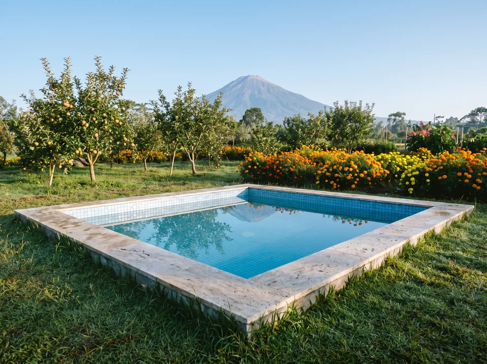 Kolam cold plunge persegi biru di kebun apel Batu dengan Gunung Arjuno