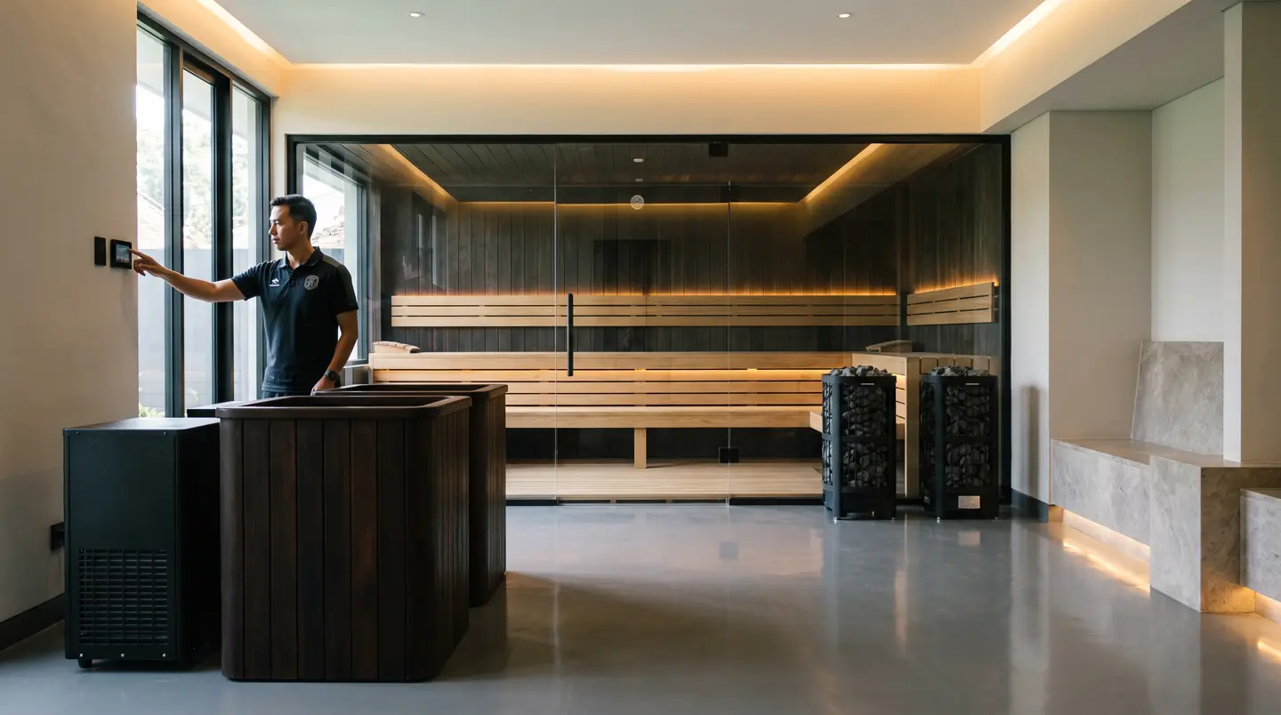 Proyek Vila berizin di Batu: kabin sauna outdoor 4 orang dan cold plunge di Bumiaji, Kota Batu
