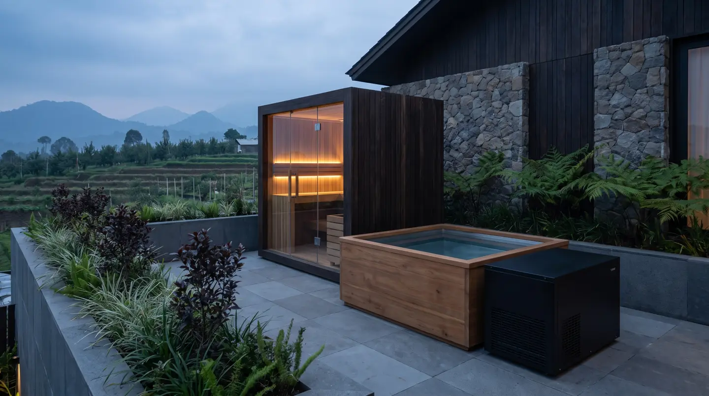 Sauna dan ice bath kayu jati terpasang di Kota Batu, Malang