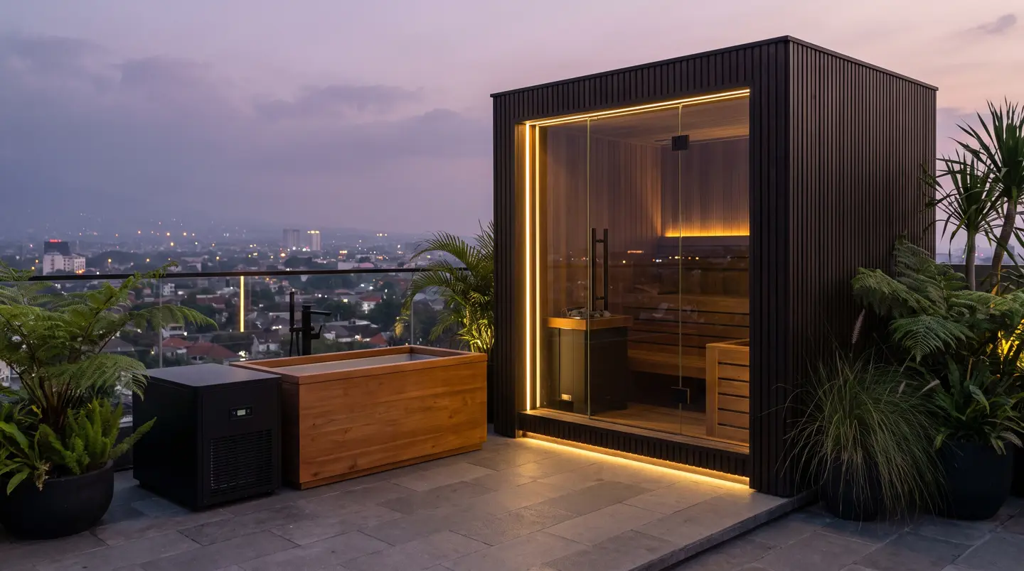 Sauna dan ice bath kayu jati terpasang di Lowokwaru & Suhat, Malang