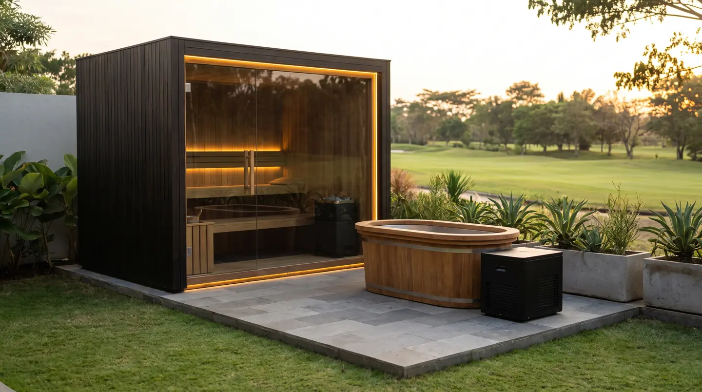 Sauna dan ice bath kayu jati terpasang di Araya & Blimbing, Malang
