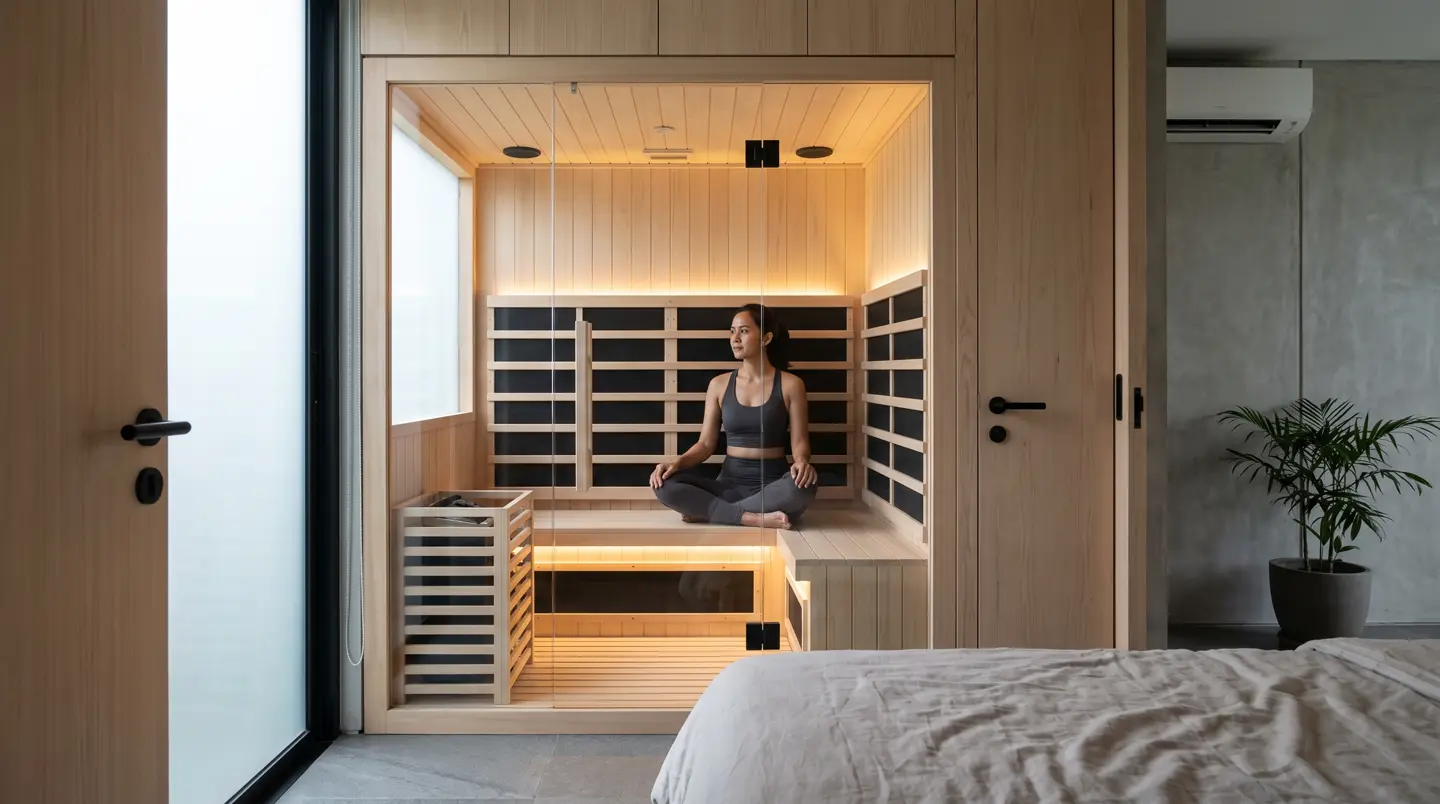 Kabin sauna infrared 1–2 orang di sudut kamar rumah Malang