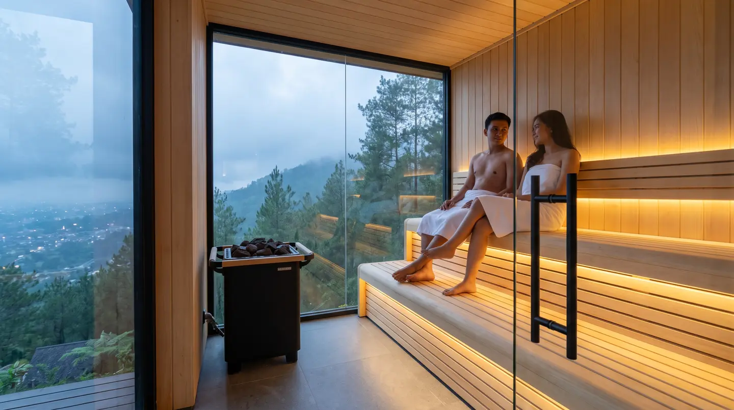 Interior sauna kering rumah 4 orang bangku spruce di Malang