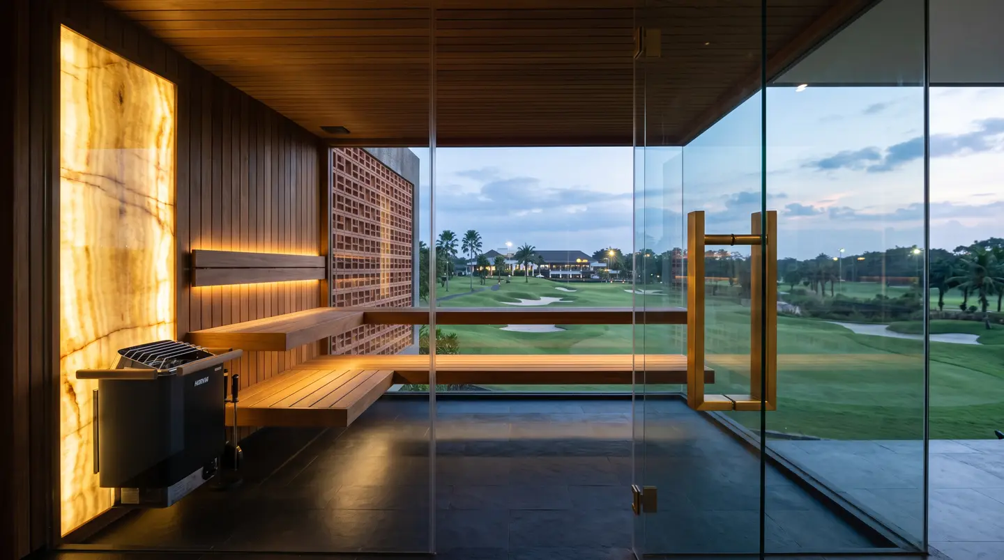 Sauna mewah custom dinding kaca dan onyx di rumah Dau, Malang