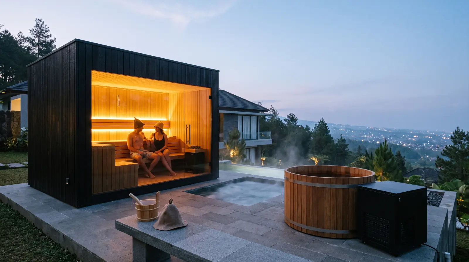 Kabin sauna kaca dan kolam plunge di vila Batu, Malang, sore hari