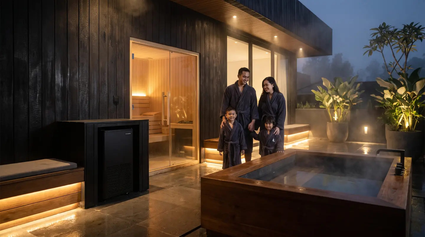 Teras wellness malam hari dengan sauna kaca menyala dan ice bath berchiller hitam di Malang